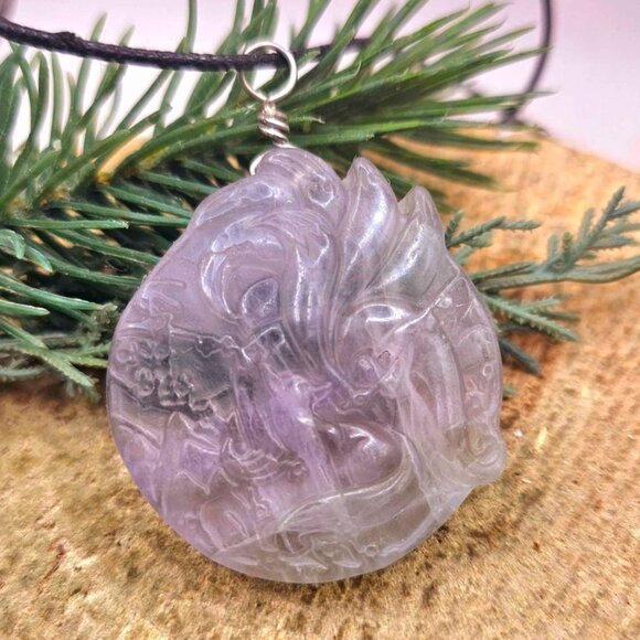 Nature Purple Fluorite Hand Carved Nine Tails Fox Pendant Necklace - Picture 5 of 10